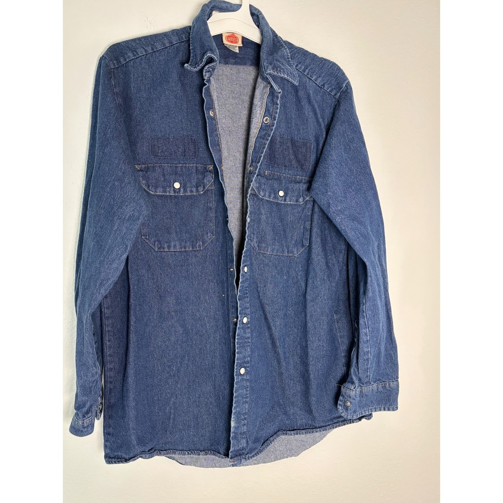 Red Kap Deluxe Western Shirt Men Large Blue Denim Cotton Pearl Snap Ranch Cowboy